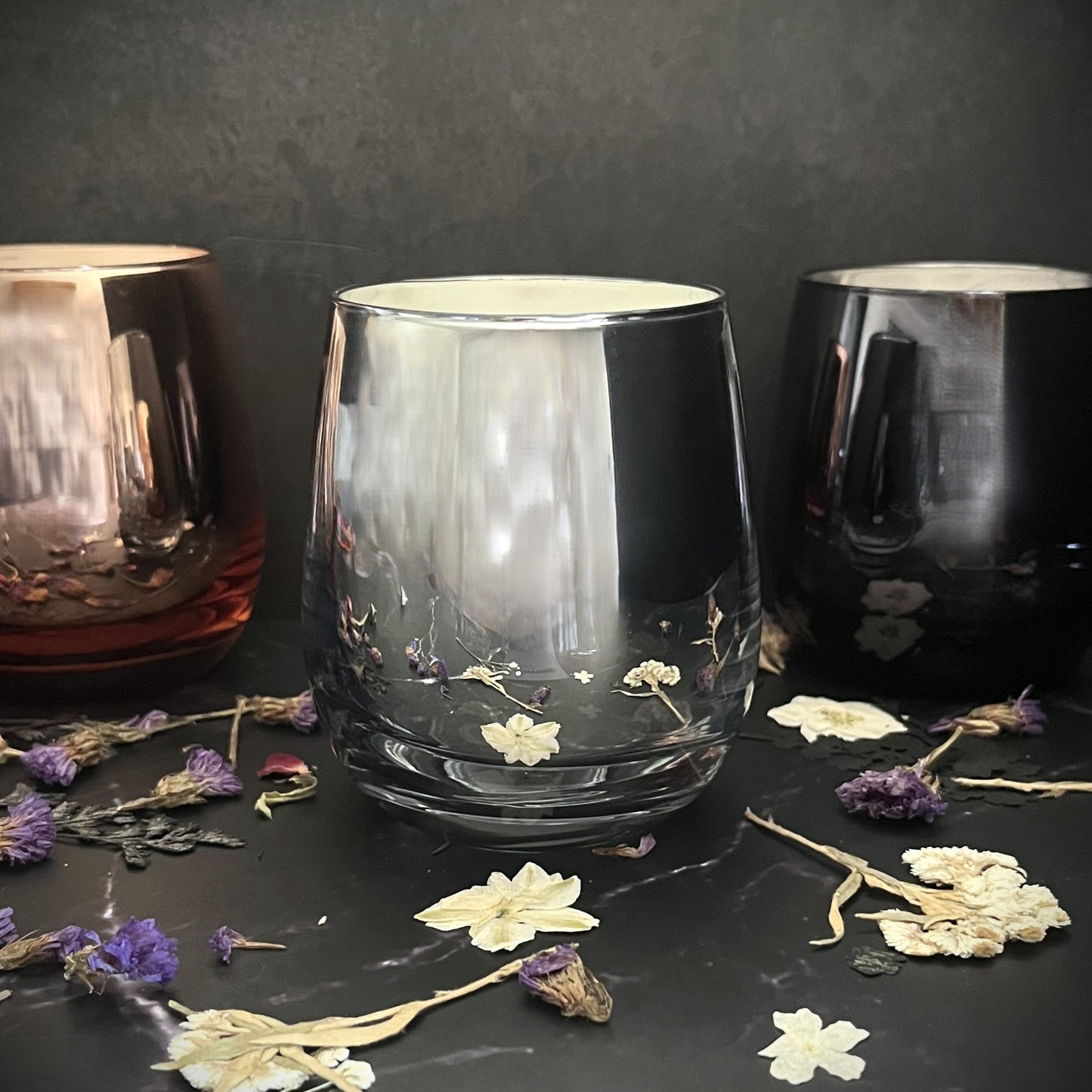 Moonflower Essence- Stemless Wine Glass 9.5 oz Candle (Silver)