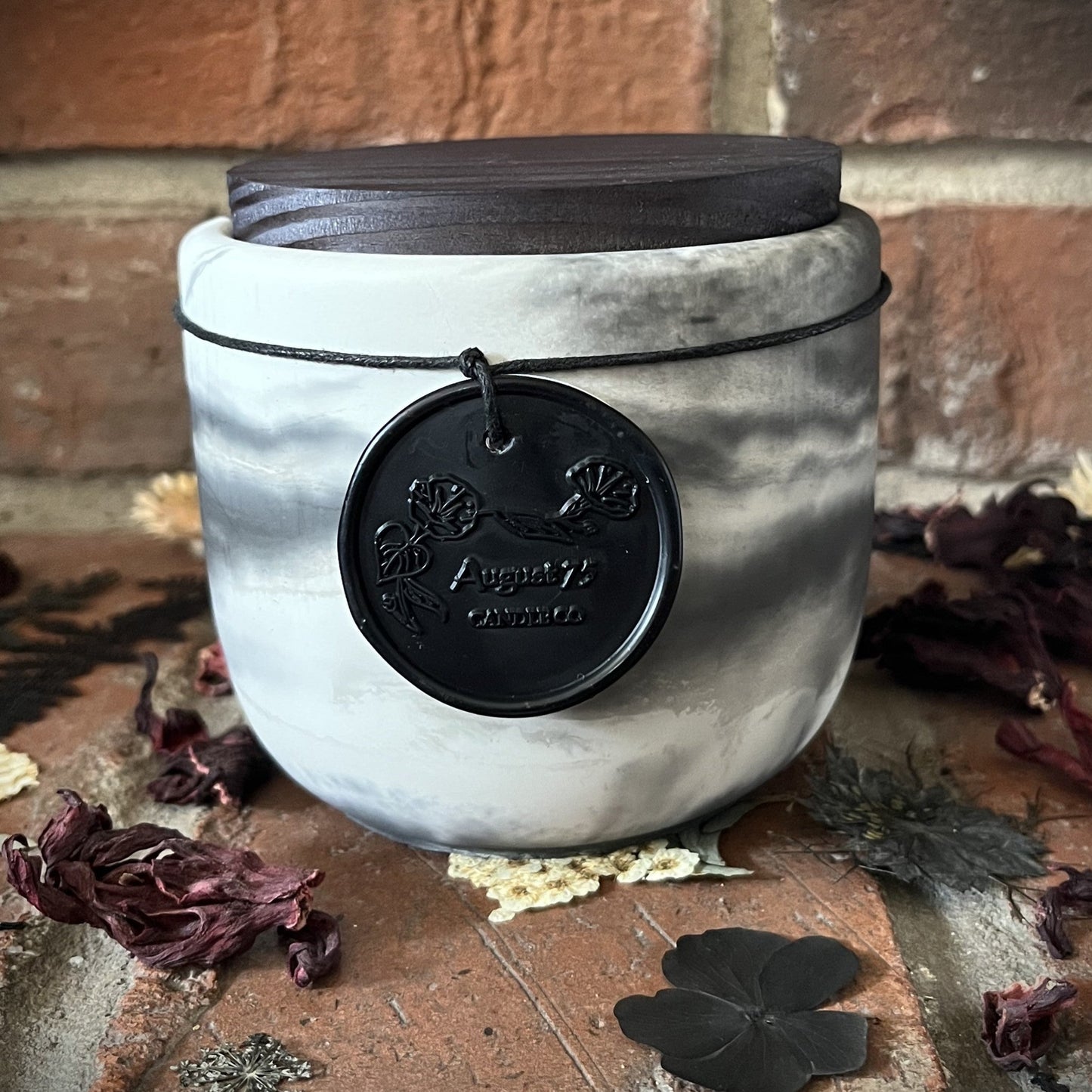 Black Currant & Jasmine- Handcrafted Rustic Swirl Concrete 8 oz Candle (Black/Gray/White with Black Pine Wooden Lid)