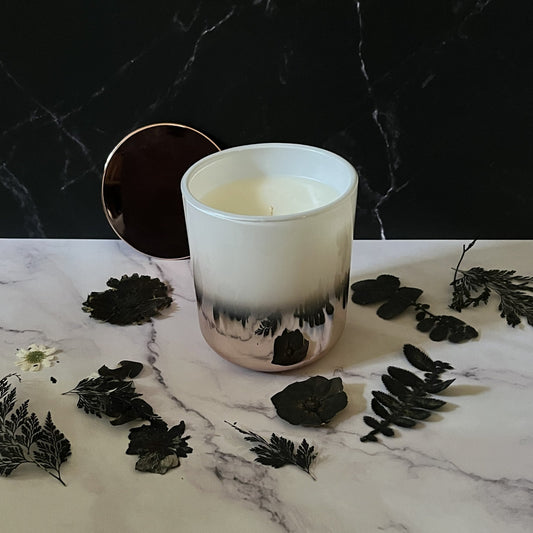 Butterscotch Bourbon- Metallic Ombre Glass 13 oz Candle (Rose Gold / White)