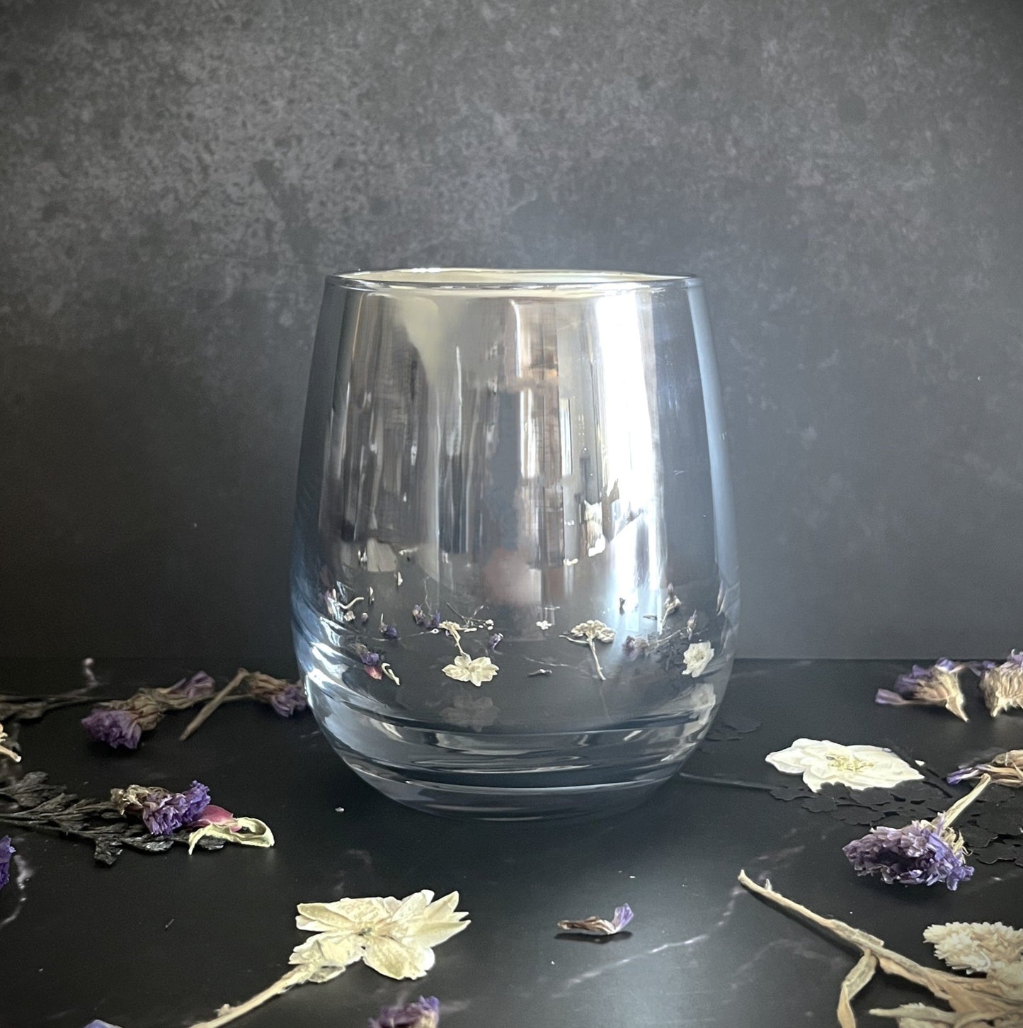 Moonflower Essence- Stemless Wine Glass 9.5 oz Candle (Silver)