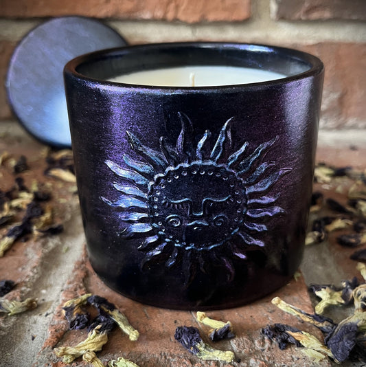 Black Currant & Jasmine- Handcrafted Enchanted Sun Concrete/Stone 9 oz Candle (Purple/Indigo)
