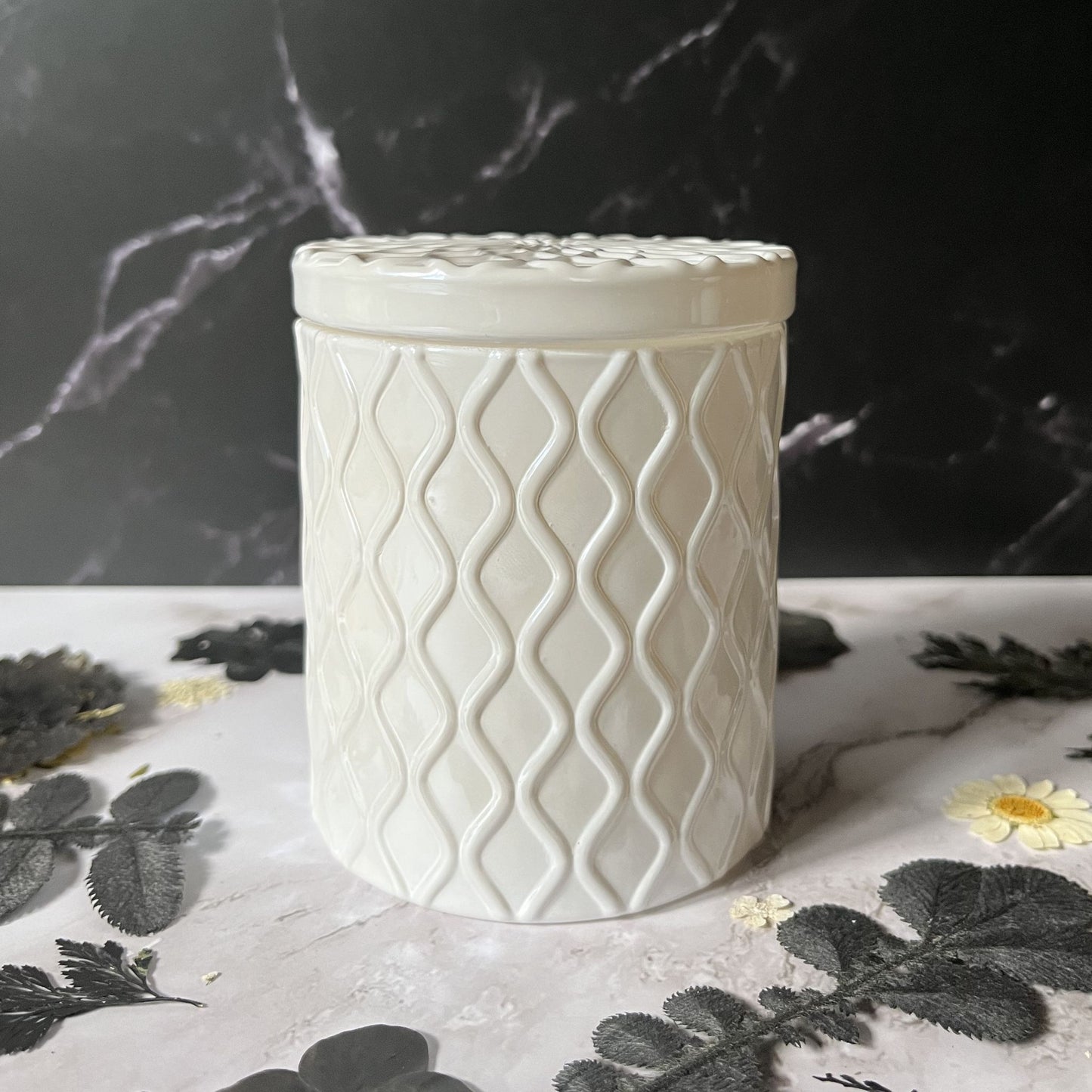 Coconut Milk & Sandalwood- Embellished Waves 8 oz Candle (White)