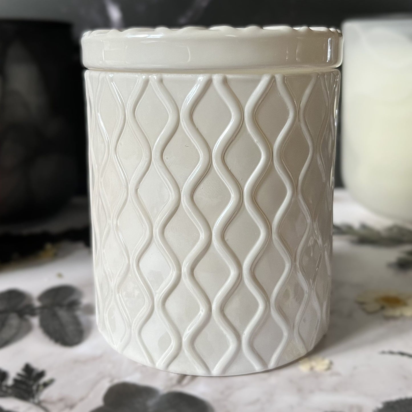 Coconut Milk & Sandalwood- Embellished Waves 8 oz Candle (White)