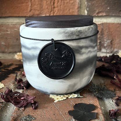 Midnight Dahlia- Handcrafted Rustic Swirl Concrete 8 oz Candle (Black/Gray/White with Black Pine Wooden Lid)