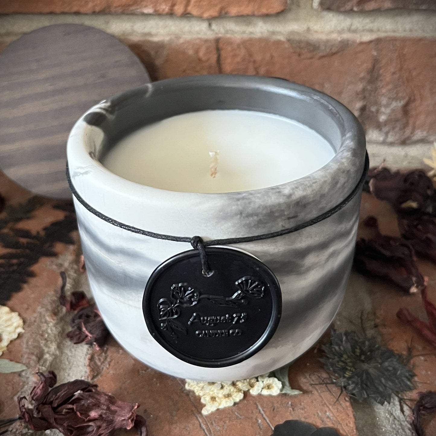 Midnight Dahlia- Handcrafted Rustic Swirl Concrete 8 oz Candle (Black/Gray/White with Black Pine Wooden Lid)