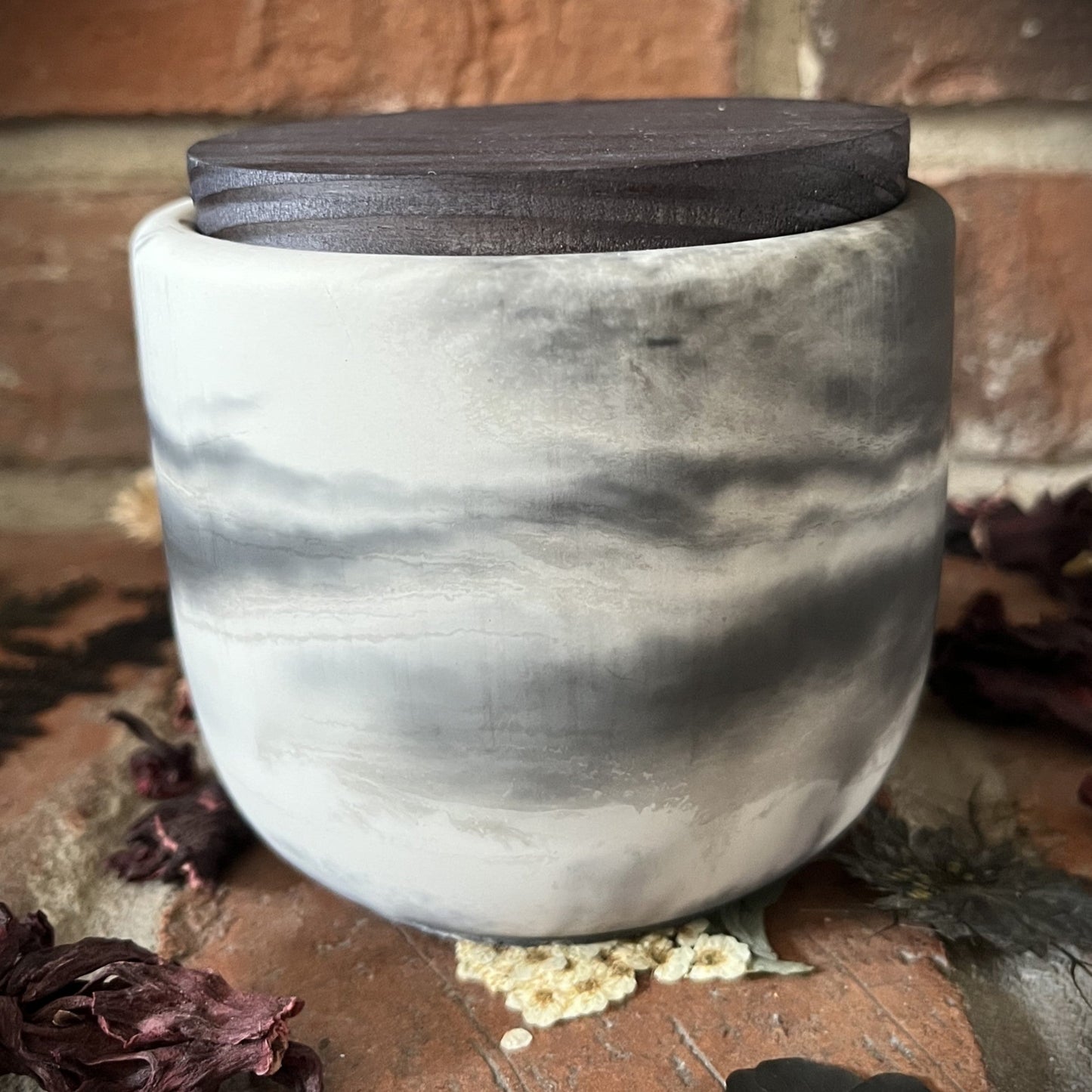 Midnight Dahlia- Handcrafted Rustic Swirl Concrete 8 oz Candle (Black/Gray/White with Black Pine Wooden Lid)