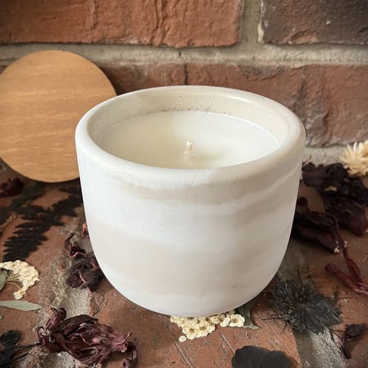 Coconut Milk & Sandalwood- Handcrafted Rustic Swirl Concrete 8 oz Candle (Cream/White with Brown Pine Wooden Lid)