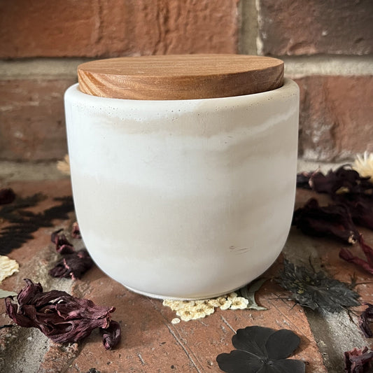 Coconut Milk & Sandalwood- Handcrafted Rustic Swirl Concrete 8 oz Candle (Cream/White with Brown Pine Wooden Lid)